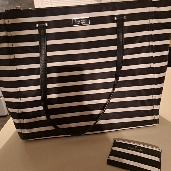 kate spade Handbags - Kate Spade Black/White Stripe Tote & Credit Card Holder